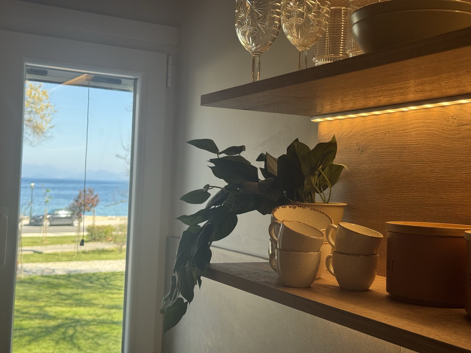 The Ionian Sea seen through the apartment window over Garitsa Bay